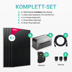 3000W Balkonkraftwerk mit Speicher - 6x 500W Full Black bifazial & Anker Solix Solarbank 3 Pro