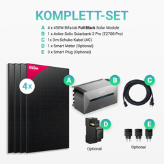 1800W Balkonkraftwerk mit Speicher - 4x 450W Full Black bifazial & Anker Solix Solarbank 3 Pro