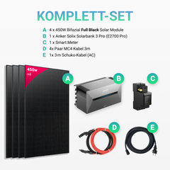 1800W Solarkraftwerk mit Speicher - 4 x 450W Bifacial Full Black Module, Anker Solix Solarbank 3 Pro E2700 Pro