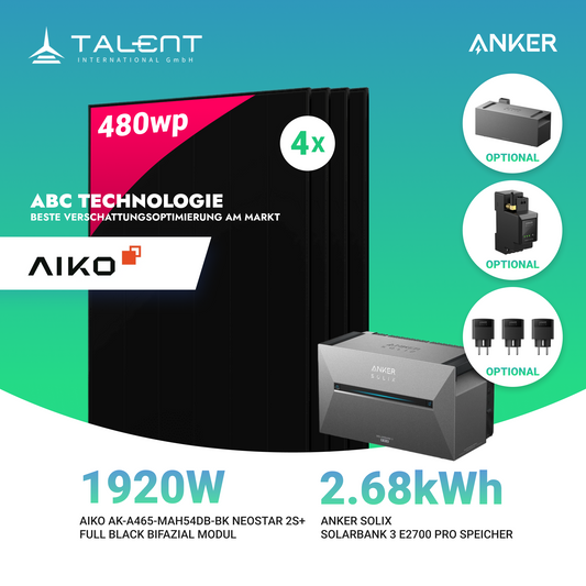 1920W Balkonkraftwerk mit Speicher - 4x 480W Aiko Full Black Glas-Glas bifazial Modul & Anker Solix Solarbank 3 Pro