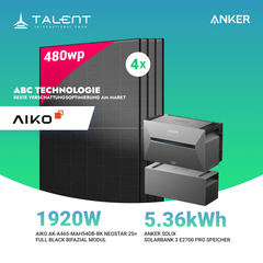 1920W Balkonkraftwerk mit Speicher - 4x 480W Aiko Full Black Glas-Glas bifazial Modul & Anker Solix Solarbank 3 Pro