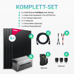2700W Balkonkraftwerk mit Speicher - 6x 450W Full Black bifazial & Anker Solix Solarbank 3 Pro
