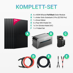 2700W Solarkraftwerk mit Speicher - 6 x 450W Bifacial Full Black Module, Anker Solix Solarbank 3 Pro E2700 Pro
