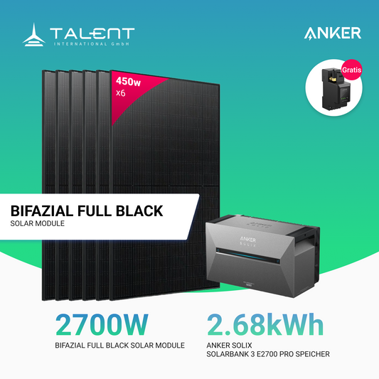 2700W Solarkraftwerk mit Speicher - 6 x 450W Bifacial Full Black Module, Anker Solix Solarbank 3 Pro E2700 Pro