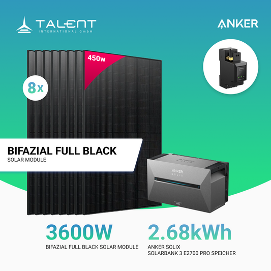 3600W Balkonkraftwerk mit Speicher - 8x 450W Full Black bifazial & Anker Solix Solarbank 3 Pro