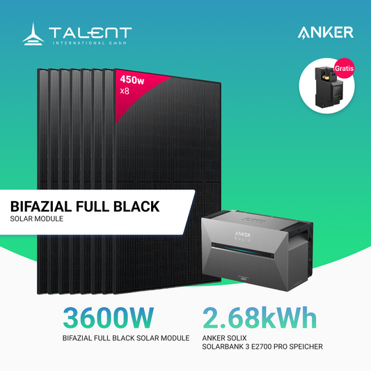 3600W Solarkraftwerk mit Speicher - 8 x 450W Bifacial Full Black Module, Anker Solix Solarbank 3 Pro E2700 Pro