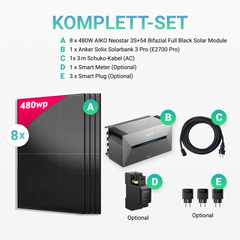 3840W Balkonkraftwerk mit Speicher - 8x 480W Aiko Full Black Glas-Glas bifazial Modul & Anker Solix Solarbank 3 Pro