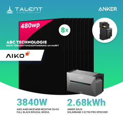 3840W Balkonkraftwerk mit Speicher - 8x 480W Aiko Full Black Glas-Glas bifazial Modul & Anker Solix Solarbank 3 Pro