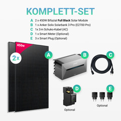 900W Balkonkraftwerk mit Speicher - 2x 450W Full Black bifazial & Anker Solix Solarbank 3 Pro