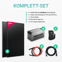900W Balkonkraftwerk mit Speicher - 2 x 450W Bifacial Full Black Module, Anker Solix Solarbank 3 E2700 Pro