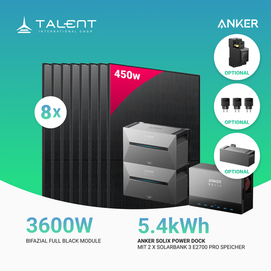 3600W Anker Solix Power Dock PV-Komplettset - 8x 450W Full Black bifazial Glas-Glas N-Typ Modul & 2x Anker Solix Solarbank 3 Pro (Optional mit Smart Meter & Erweiterungsakku )