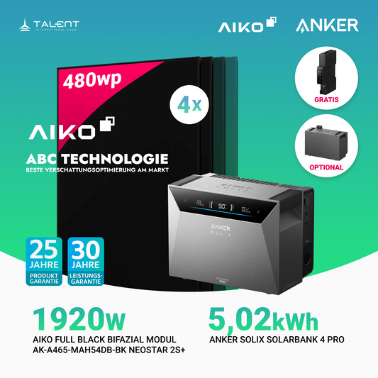 1920W Balkonkraftwerk mit Speicher - 4 × AIKO 480W Full Black bifazial & Anker SOLIX Solarbank 4 Pro | jetzt auf Lager & sofort lieferbar