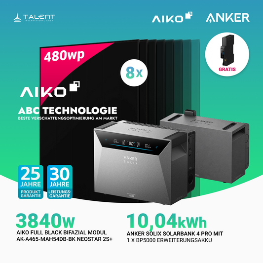 3840W Balkonkraftwerk mit Speicher - 8 × AIKO 480W Full Black bifazial & Anker SOLIX Solarbank 4 Pro | jetzt auf Lager & sofort lieferbar