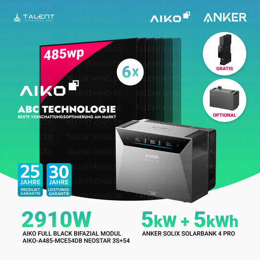 2910W Balkonkraftwerk mit Speicher - 6 × AIKO 485W Full Black bifazial & Anker SOLIX Solarbank 4 Pro | jetzt auf Lager & sofort lieferbar
