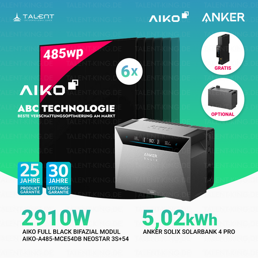 2910W Balkonkraftwerk mit Speicher - 6 × AIKO 485W Full Black bifazial & Anker SOLIX Solarbank 4 Pro | jetzt auf Lager & sofort lieferbar