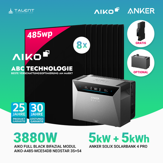 3880W Balkonkraftwerk mit Speicher - 8 × AIKO 485W Full Black bifazial & Anker SOLIX Solarbank 4 Pro | jetzt auf Lager & sofort lieferbar