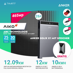 PV Komplettset 12 kWp - 26 × AIKO 465W Full Black & Anker X1-H12K-T mit Speicheroption & Unterkonstruktion ( ab 10kwh Anker SOLIX V1 Smartes Ladegerät gratis )