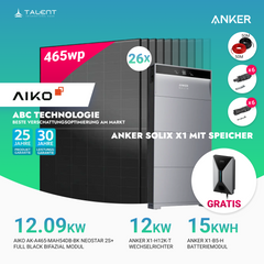 PV Komplettset 12 kWp - 26 × AIKO 465W Full Black & Anker X1-H12K-T mit Speicheroption & Unterkonstruktion ( ab 10kwh Anker SOLIX V1 Smartes Ladegerät gratis )