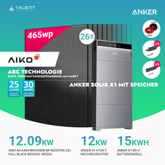 PV Komplettset 12 kWp - 26 × AIKO 465W Full Black & Anker X1-H12K-T mit Speicheroption & Unterkonstruktion
