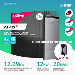 PV Komplettset 12 kWp - 26 × AIKO 465W Full Black & Anker X1-H12K-T mit Speicheroption & Unterkonstruktion