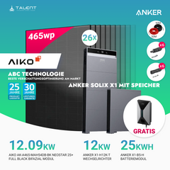 PV Komplettset 12 kWp - 26 × AIKO 465W Full Black & Anker X1-H12K-T mit Speicheroption & Unterkonstruktion ( ab 10kwh Anker SOLIX V1 Smartes Ladegerät gratis )