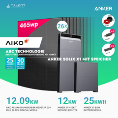 PV Komplettset 12 kWp - 26 × AIKO 465W Full Black & Anker X1-H12K-T mit Speicheroption & Unterkonstruktion