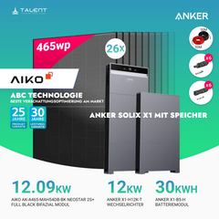 PV Komplettset 12 kWp - 26 × AIKO 465W Full Black & Anker X1-H12K-T mit Speicheroption & Unterkonstruktion
