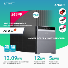 PV Komplettset 12 kWp - 26 × AIKO 465W Full Black & Anker X1-H12K-T mit Speicheroption & Unterkonstruktion