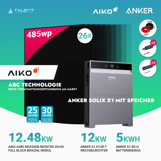 PV Komplettset 12 kWp - 26 × 485W AIKO Full Black Glas-Glas Module & Anker X1-H12K-T mit Speicheroption & Unterkonstruktion