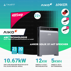 PV Komplettset 10,67 kWp - 22× AIKO 485W Full Black & Anker X1-H12K-T mit Speicheroption & Unterkonstruktion