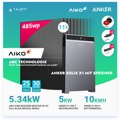PV Komplettset 5 kWp - 11 × AIKO 485W Full Black & Anker X1-H5K-T mit Speicheroption & Unterkonstruktion