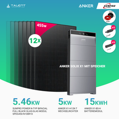 PV Komplettset 5 kWp - 12 × SunPro Power 455W N-Typ Bifacial Full Black Glas-Glas Module & Anker X1-H5K-T mit Speicheroption & Unterkonstruktion