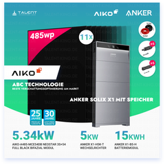 PV Komplettset 5 kWp - 11 × 485W AIKO Full Black Glas-Glas Module & Anker X1-H5K-T mit Speicheroption & Unterkonstruktion