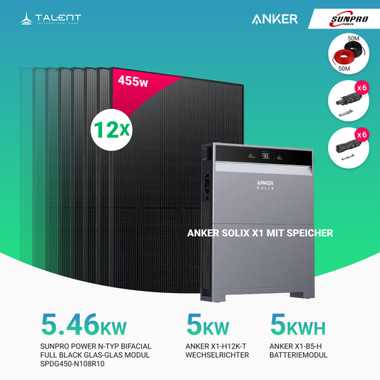 PV Komplettset 5 kWp - 12 × SunPro Power 455W N-Typ Bifacial Full Black Glas-Glas Module & Anker X1-H5K-T mit Speicheroption & Unterkonstruktion