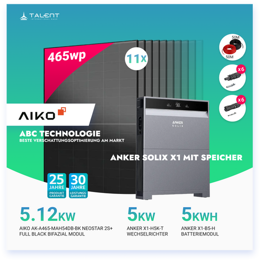 PV Komplettset 5 kWp - 11 × AIKO 465W Full Black & Anker X1-H5K-T mit Speicheroption & Unterkonstruktion