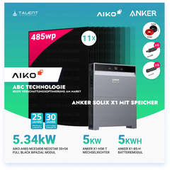 PV Komplettset 5 kWp - 11 × 485W AIKO Full Black Glas-Glas Module & Anker X1-H5K-T mit Speicheroption & Unterkonstruktion