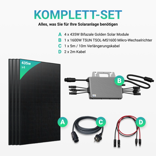 Balkonkraftwerk 1740W Golden Solar Bifacial Glas PV Modul Full Black + 1600W TSUN TSOL-MS1600 Mikro-Wechselrichter