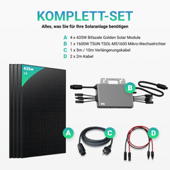 Balkonkraftwerk 1740W Golden Solar Bifacial Glas PV Modul Full Black + 1600W TSUN TSOL-MS1600 Mikro-Wechselrichter