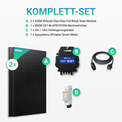 900W Balkonkraftwerk - 2 x 450W Bifacial Glas PV Modul Full Black + 800W EZ1-M Apsystem Wechselrichter mit Smart Meter