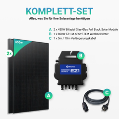 Balkonkraftwerk 2 x 450W Bifacial Glas PV Modul Full Black + 800W EZ1-M Apsystem Wechselrichter