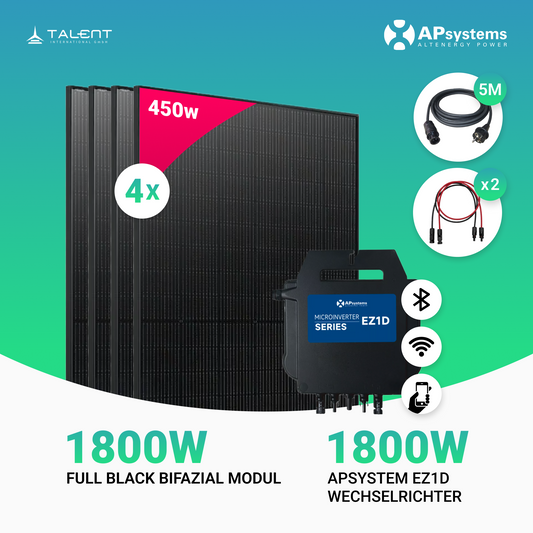 Balkonkraftwerk 1800W Bifacial Full Black Glas-Glas Modul + 1800W EZ1D Apsystems Wechselrichter