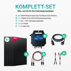 Balkonkraftwerk 2700W (6 x 450W) Bifacial Glas PV Modul Full Black + 1800W EZ1D Apsystems Wechselrichter