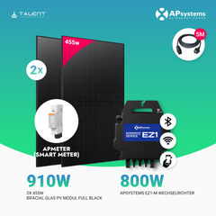 910W Balkonkraftwerk - 2 x 455W Bifacial Glas PV Modul Full Black + 800W EZ1-M Apsystem Wechselrichter mit Smart Meter