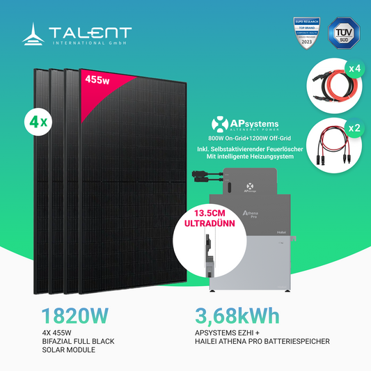 APsystems EZHI Balkonkraftwerk: APsystems EZHI + Hailei Athena Pro Batteriespeicher + 1820W (4 x 455W) Bifacial Glas Full Black PV Module