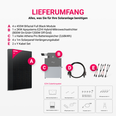 APsystems EZHI Balkonkraftwerk: APsystems EZHI + Hailei Athena Pro Batteriespeicher + 1820W (4 x 455W) Bifacial Glas Full Black PV Module