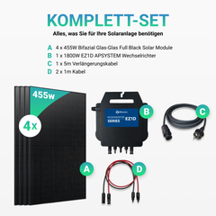 Balkonkraftwerk 1820W Bifacial Full Black Glas-Glas Modul + 1800W EZ1D Apsystems Wechselrichter