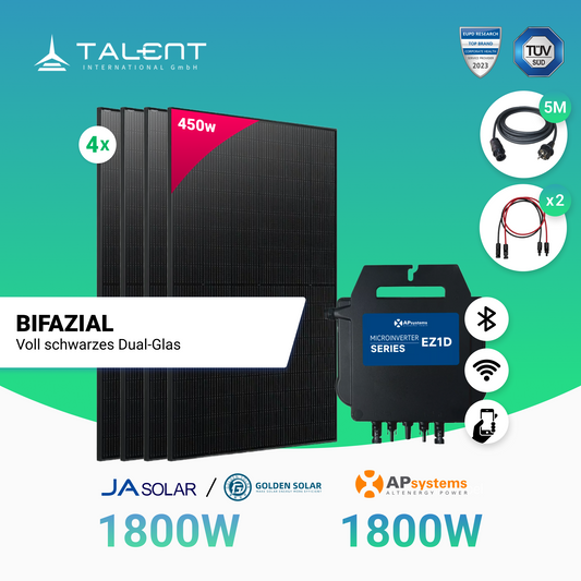 Balkonkraftwerk 1800W Ja Solar / Golden Solar Bifacial Glas PV Modul Full Black + 1800W EZ1D Apsystem Wechselrichter