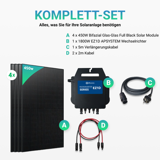 Balkonkraftwerk 1800W Ja Solar / Golden Solar Bifacial Glas PV Modul Full Black + 1800W EZ1D Apsystem Wechselrichter