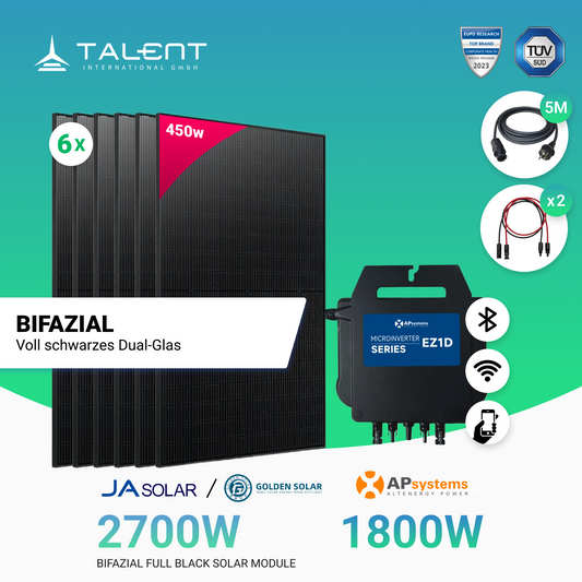 Balkonkraftwerk 6 x 450W Ja Solar / Golden Solar Bifacial Glas PV Modul Full Black + 1800W EZ1D Apsystem Wechselrichter