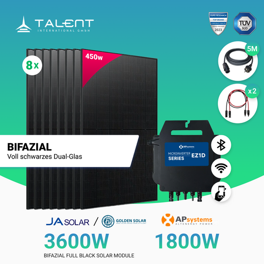 Balkonkraftwerk 8 x 450W Ja Solar / Golden Solar Bifacial Glas PV Modul Full Black + 1800W EZ1D Apsystem Wechselrichter